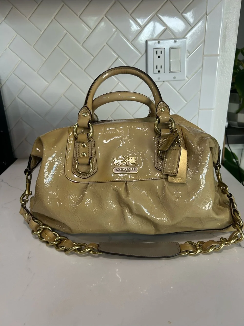 Coach Patent Leather Satchel in Beige-Tan with Gold Hardware